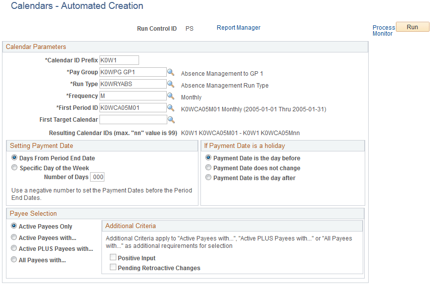 Calendars - Automated Creation page