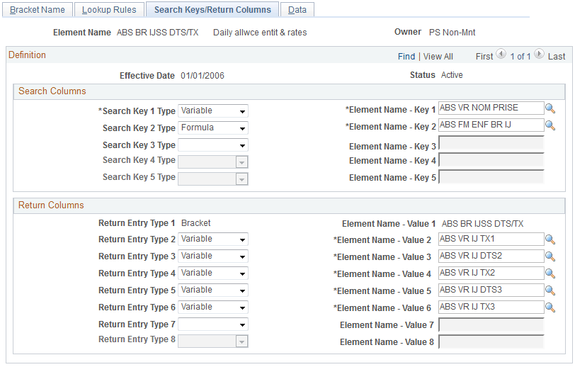 Search Keys/Return Columns page