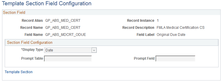 Template Section Field Configuration page