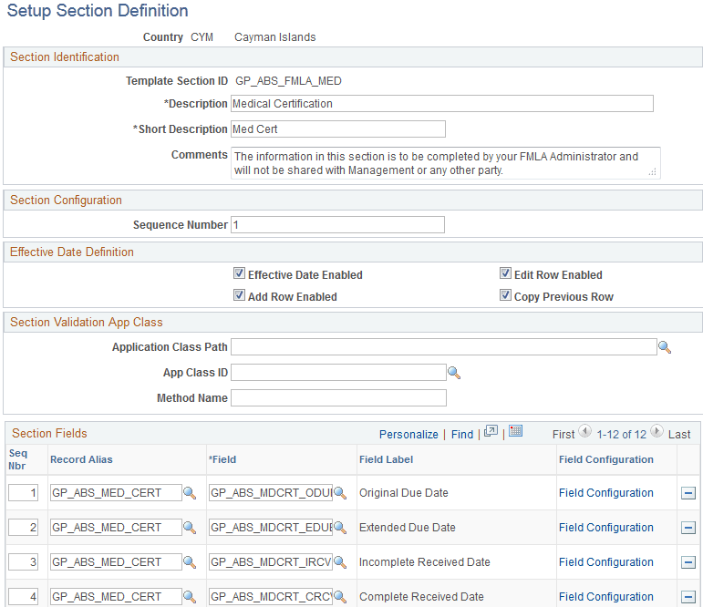 Setup Section Definition page (1 of 2)