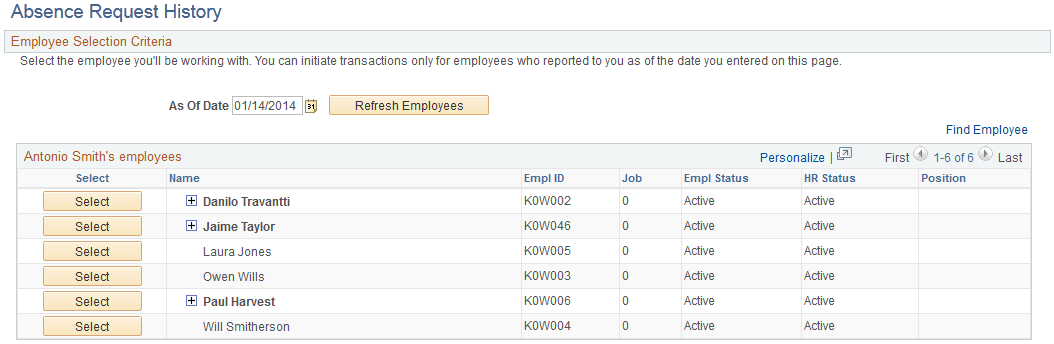 Absence Request History page