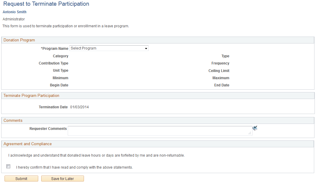 Request to Terminate Participation page