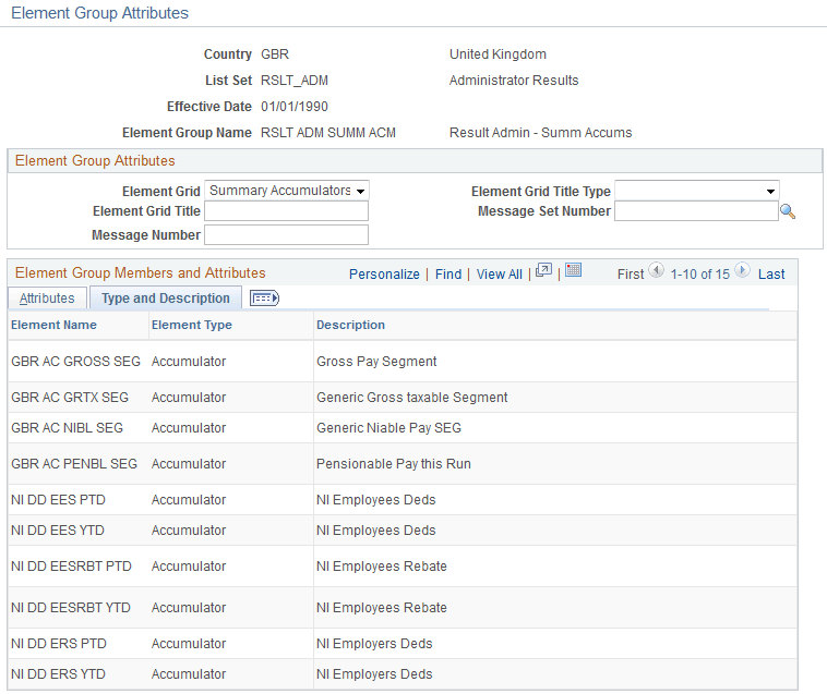 Element Group Attributes page: Type and Description tab