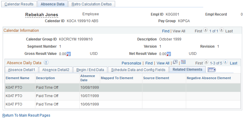 Absence Data page: Related Elements tab