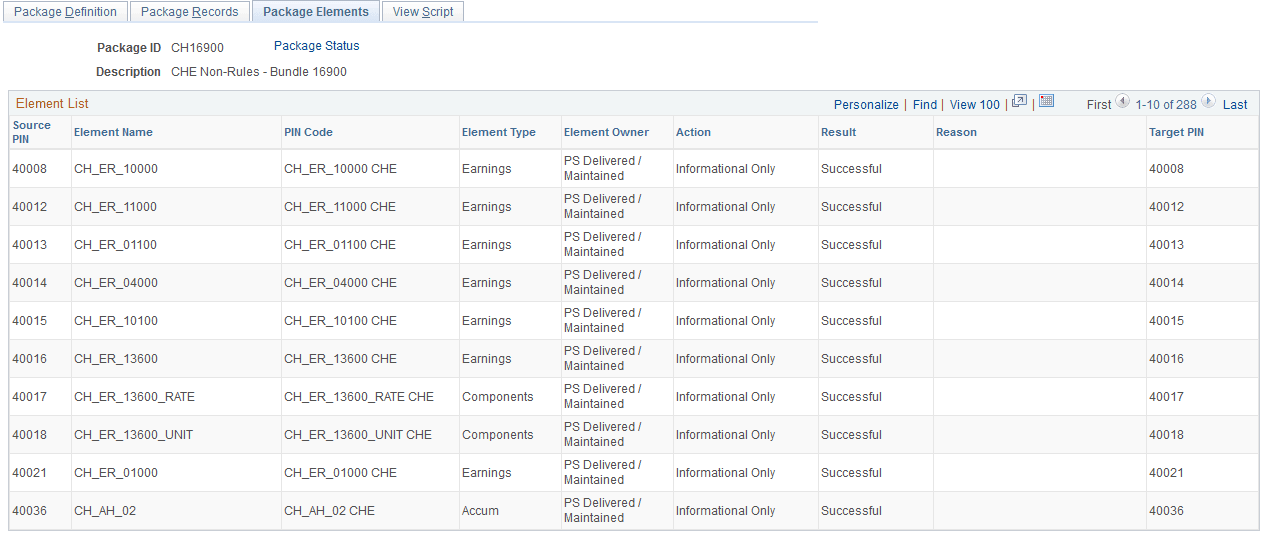 Compare Non-Rule Package - Package Elements page