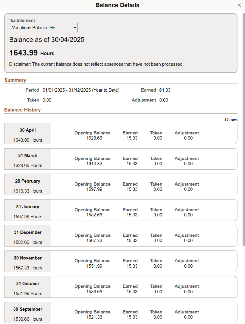 Balance Details page