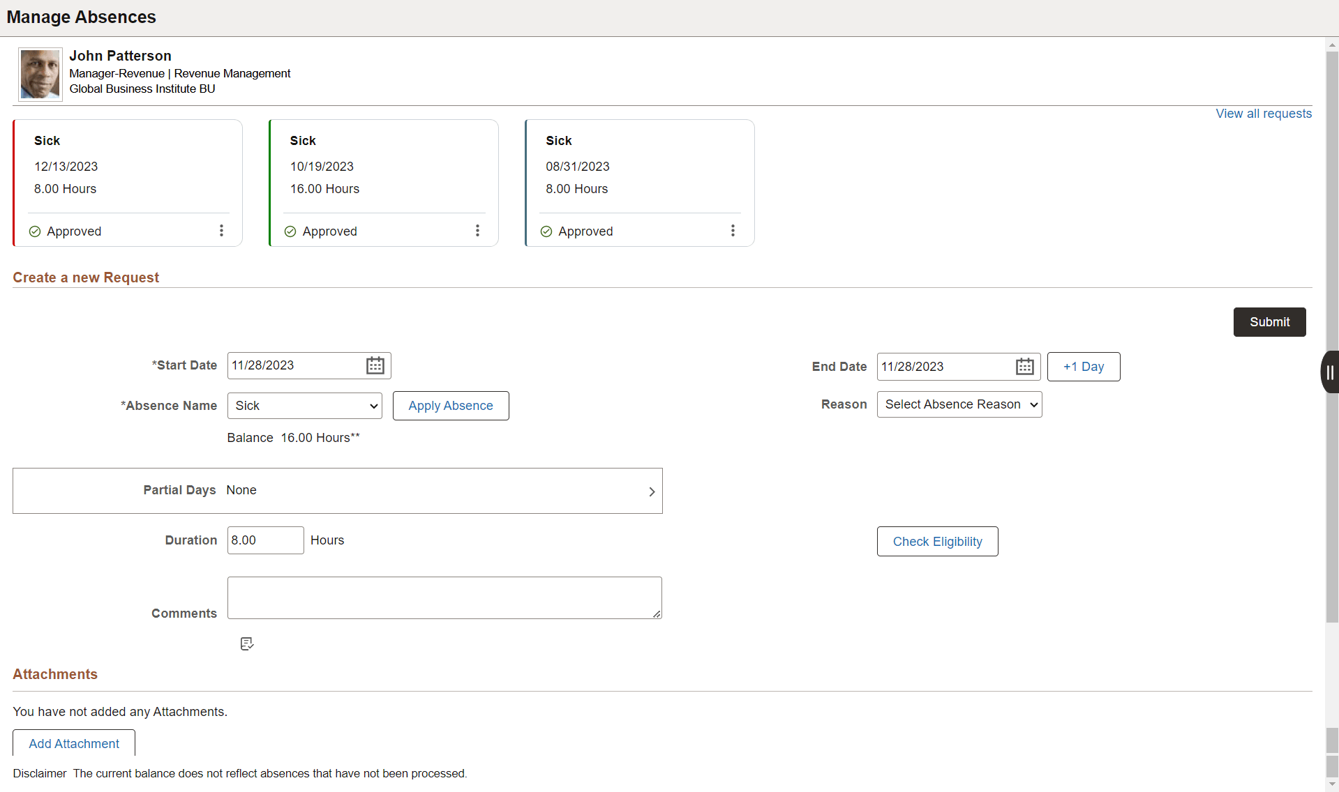 Manage Absence Page with Selected Absence