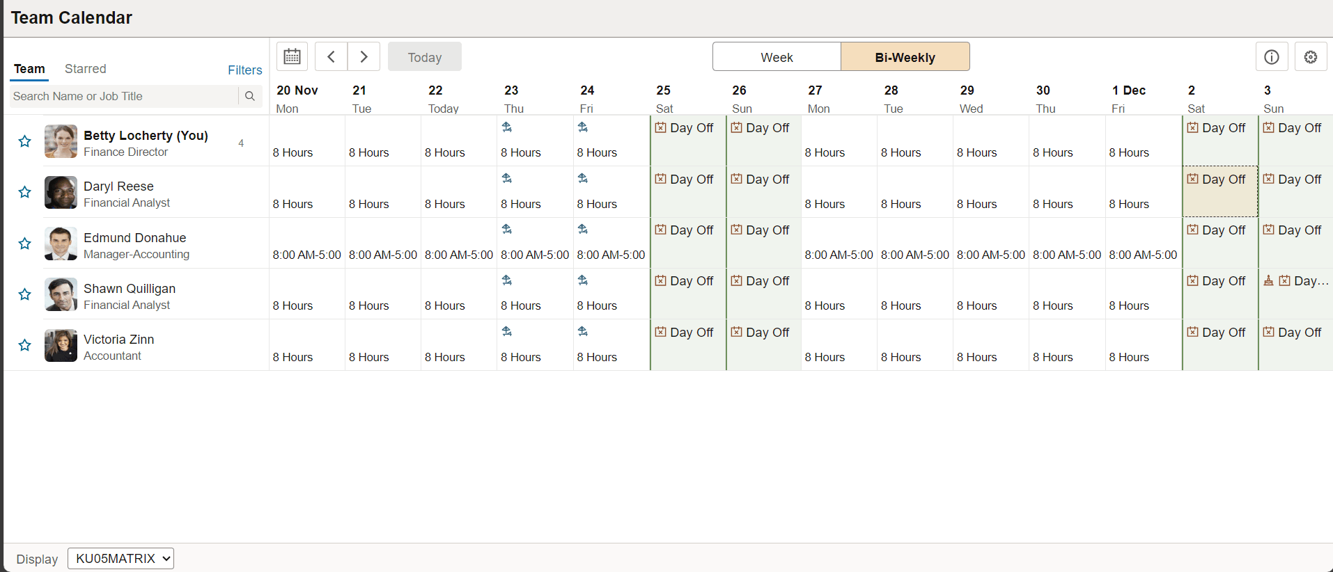 Team Calendar page bi-weekly view
