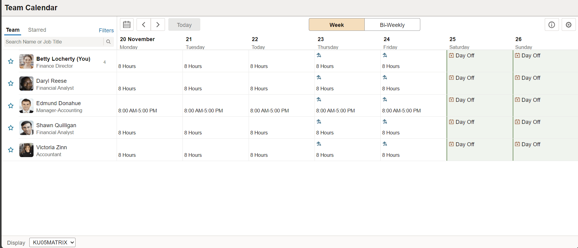 Team Calendar page weekly view