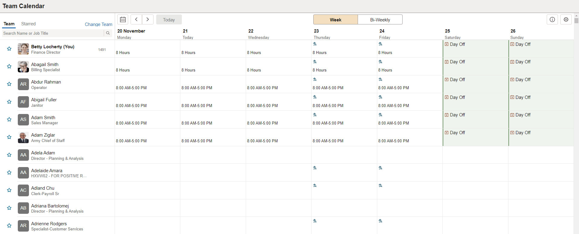 Team Calendar page weekly view