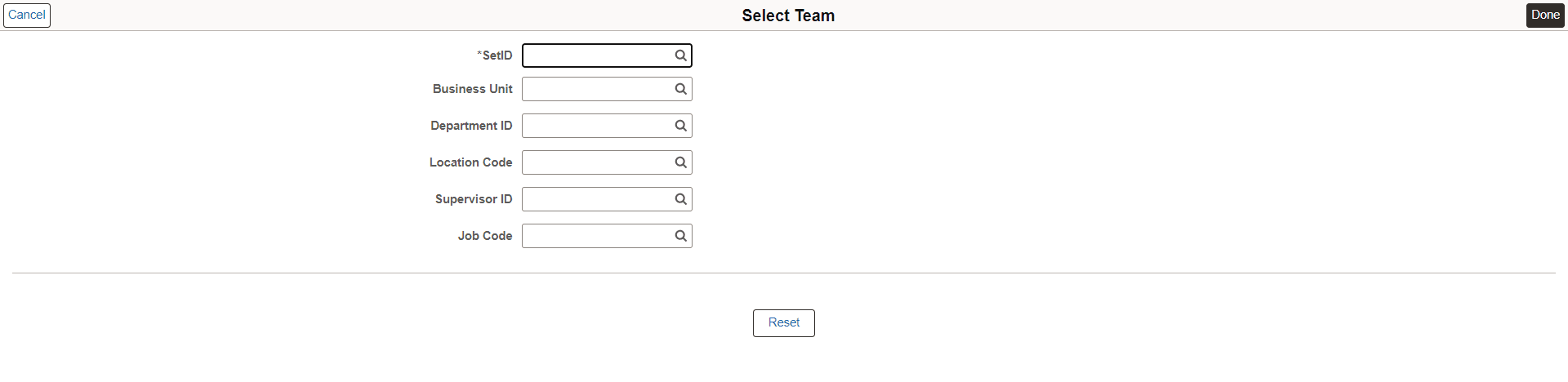 Select Team page