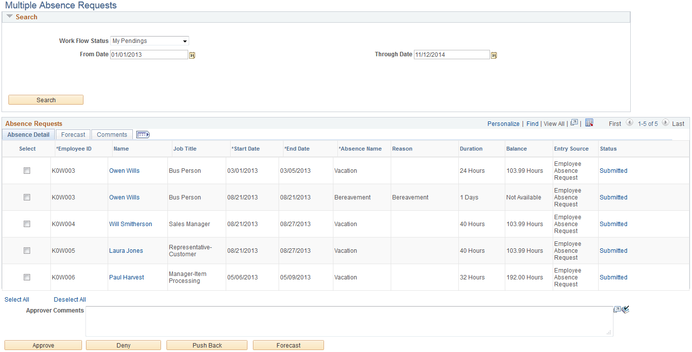Multiple Absence Requests page