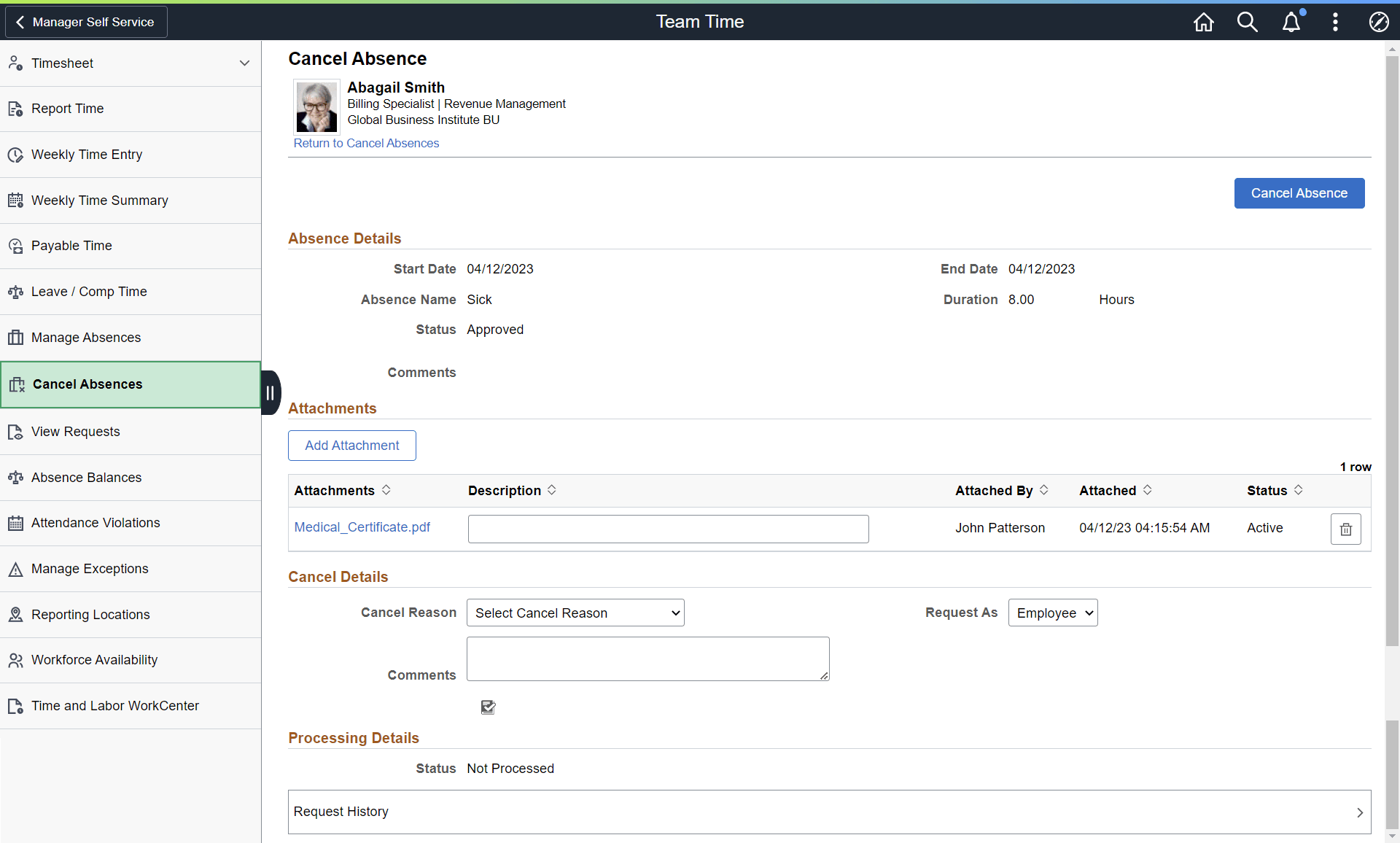 Cancel Absence with Fluid Attachment