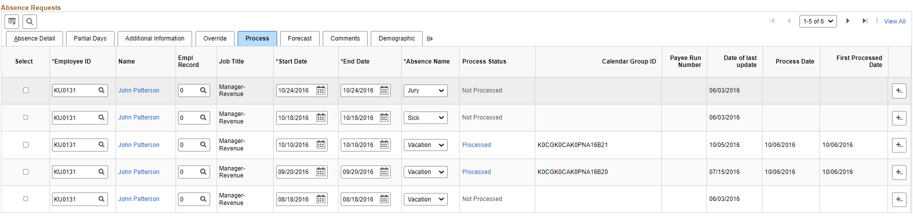 Create and Maintain Absence Requests page: Process tab