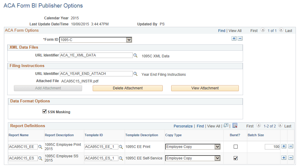 ACA Form BI Publisher Options page