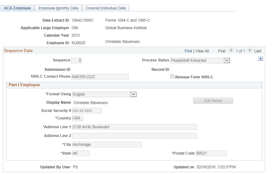 ACA Employee Transmittal Data page - ACA Employee tab