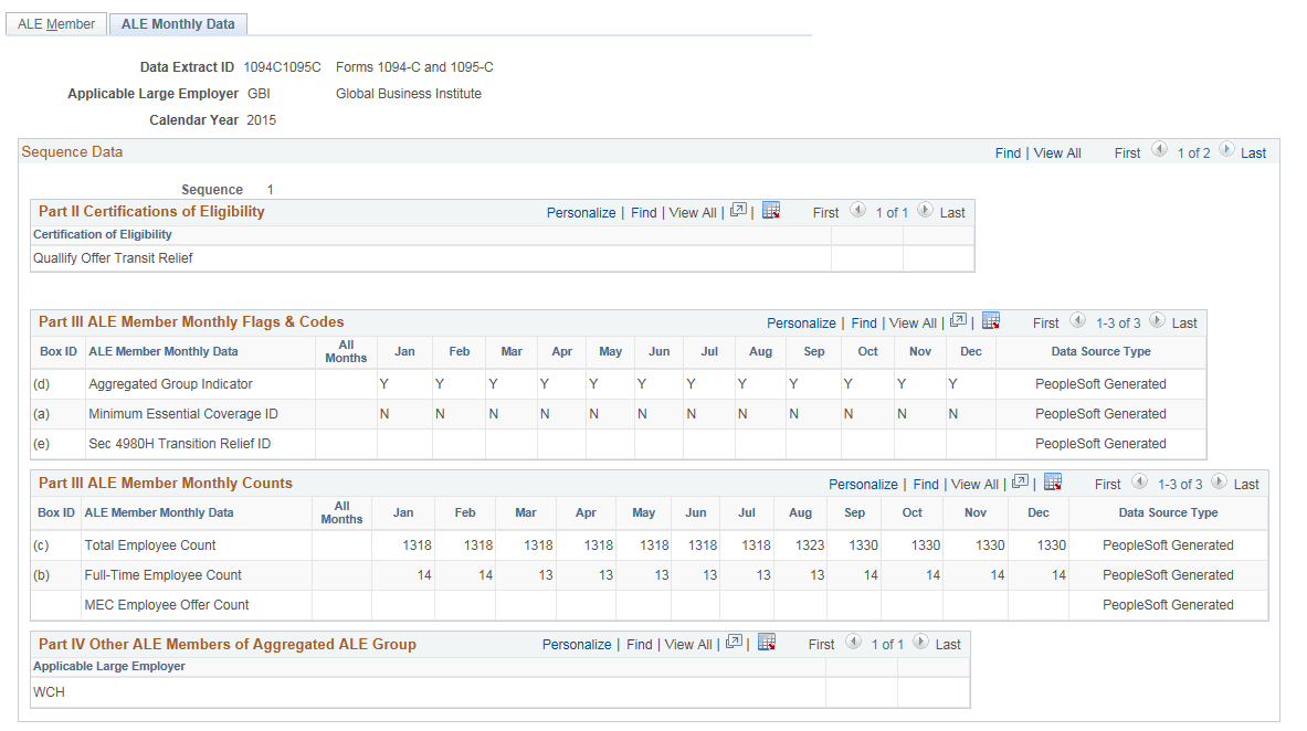 ACA Employer Transmittal Data page - ALE Monthly Data tab
