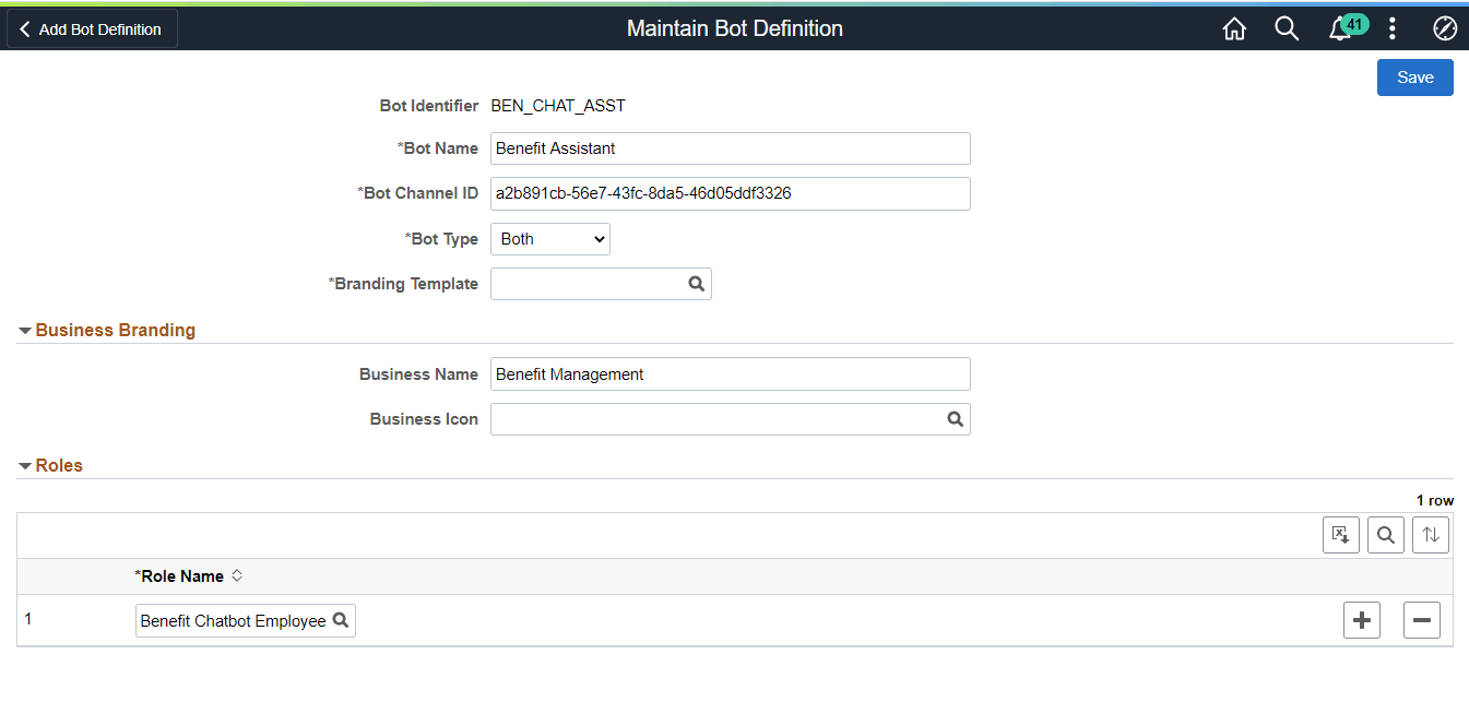 Maintain Bot Definition page