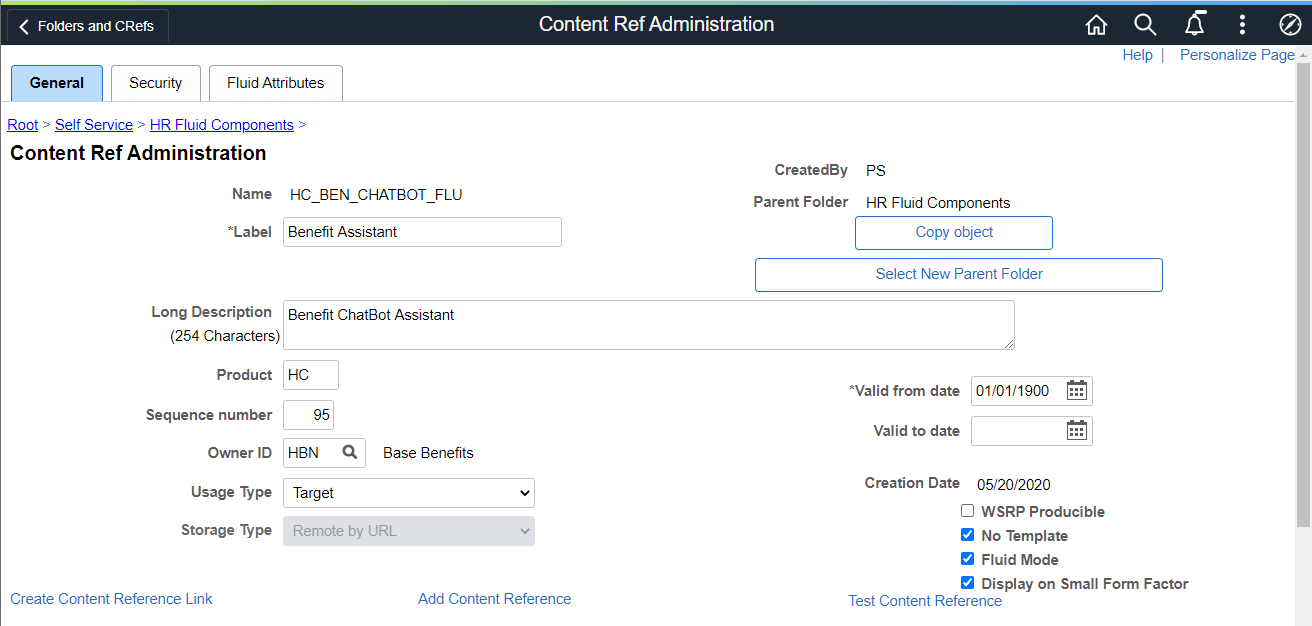Content Ref Administration page (1 of 2)