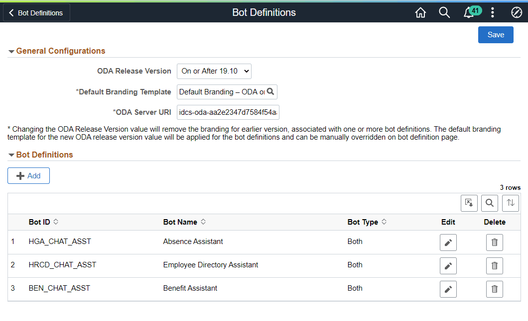 Bot Definitions page