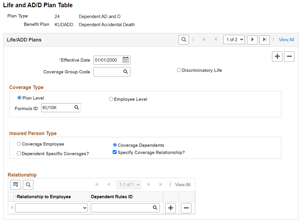 Life and AD Plan Table