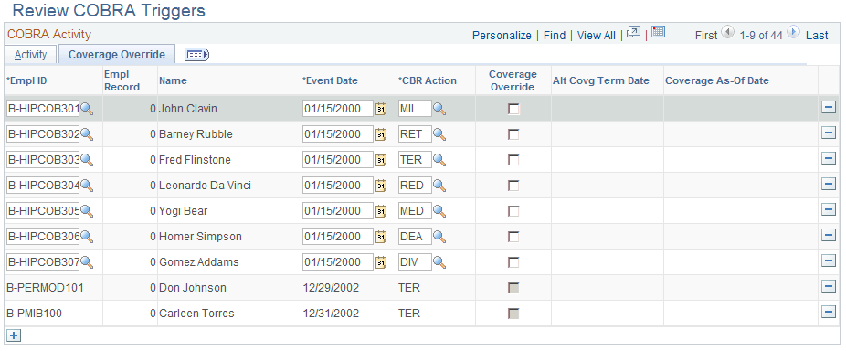 Review COBRA Triggers page: Coverage Override tab