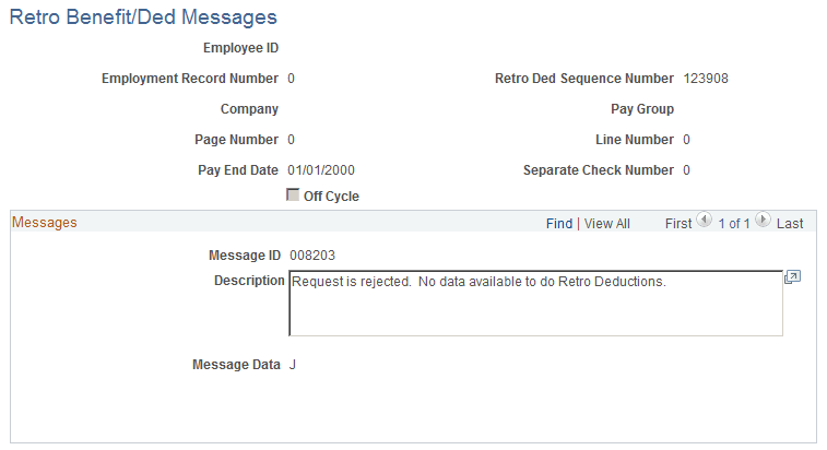 Retro Benefit/Ded Messages page