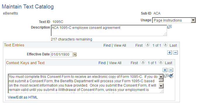 Maintain Text Catalog page
