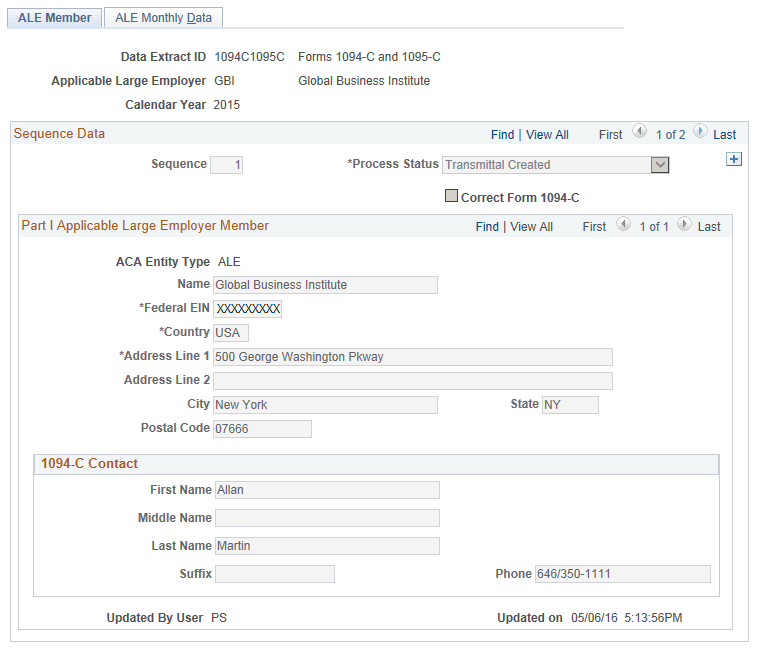 ACA Employer Transmittal Data page - ALE Member tab