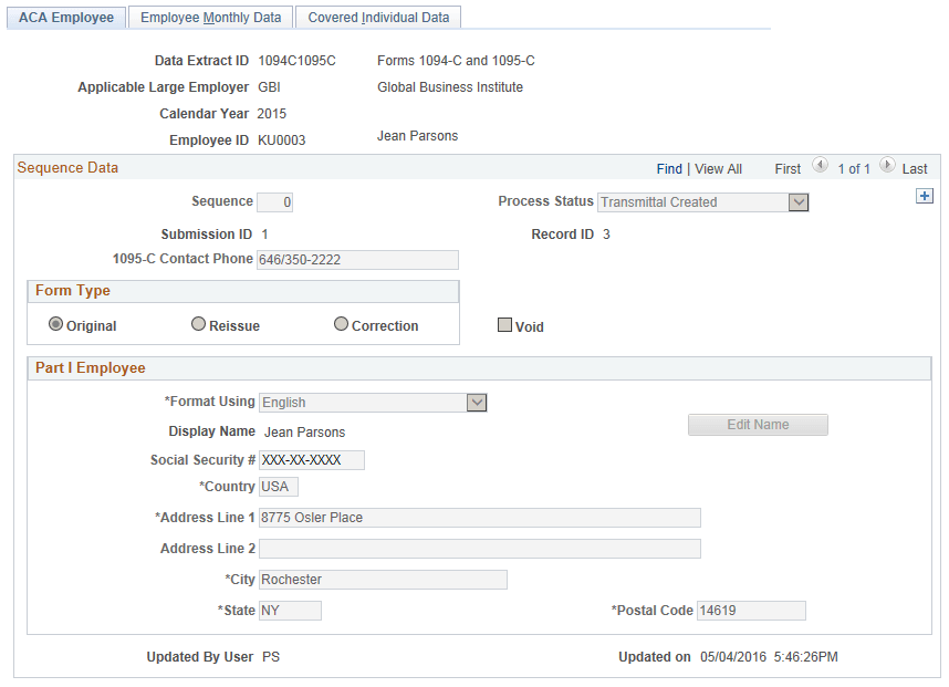 ACA Employee Transmittal Data page - ACA Employee tab