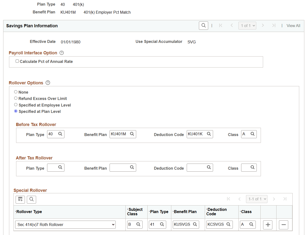 Rollover of Funds page of Savings Plan Table