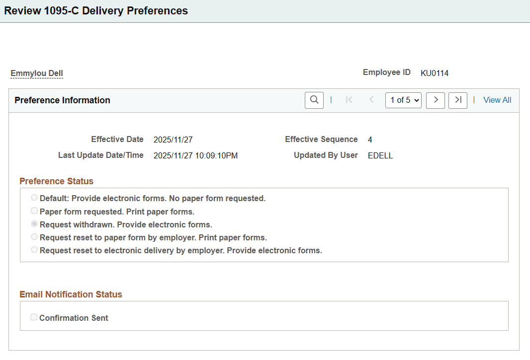 Review 1095-C Delivery Preferences Page