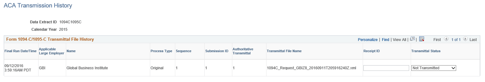 ACA Transmission History page