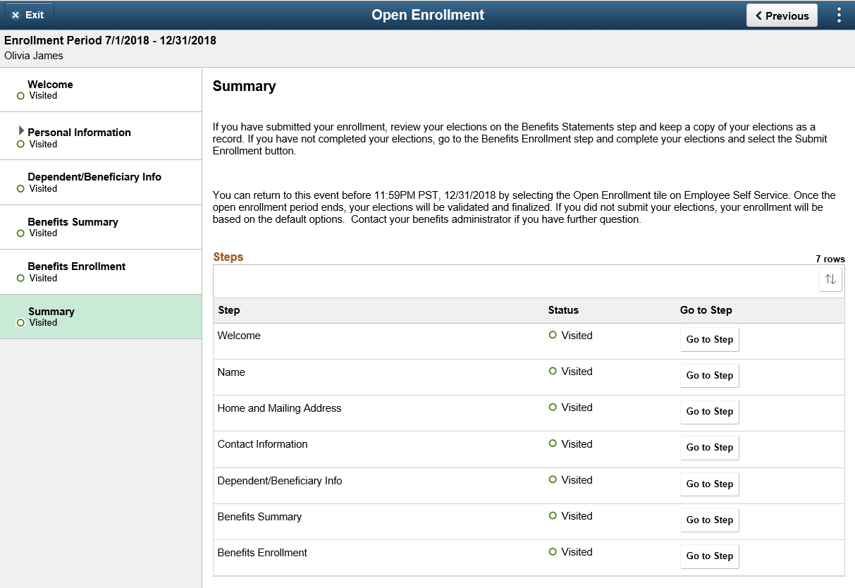 Example of the Open Enrollment - Summary Page