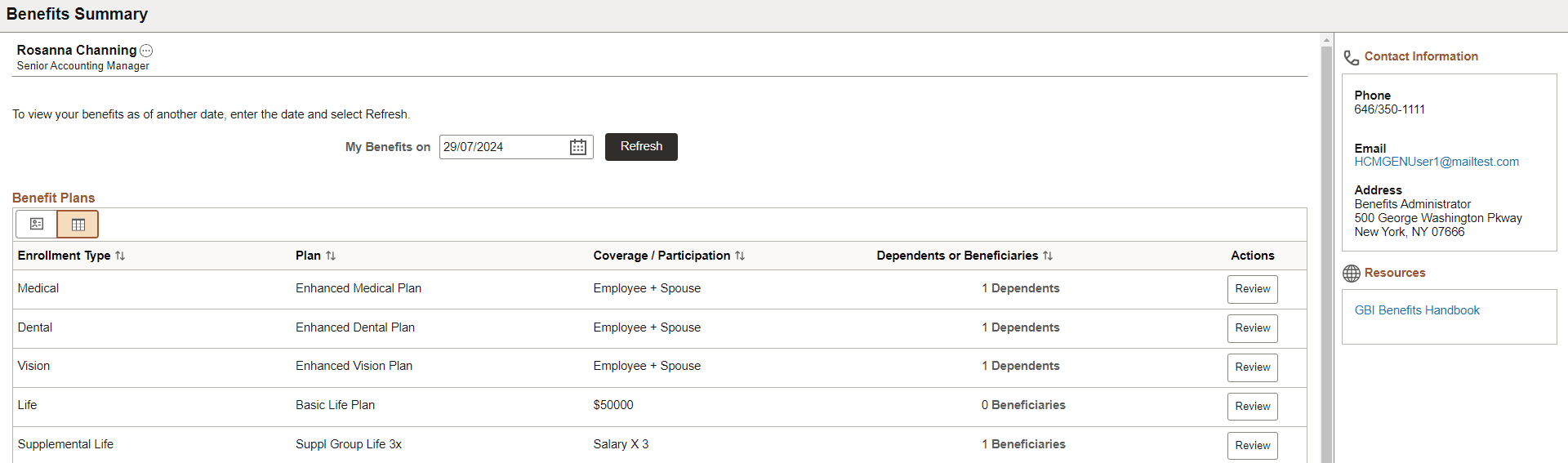 Benefits Summary page (Grid View)