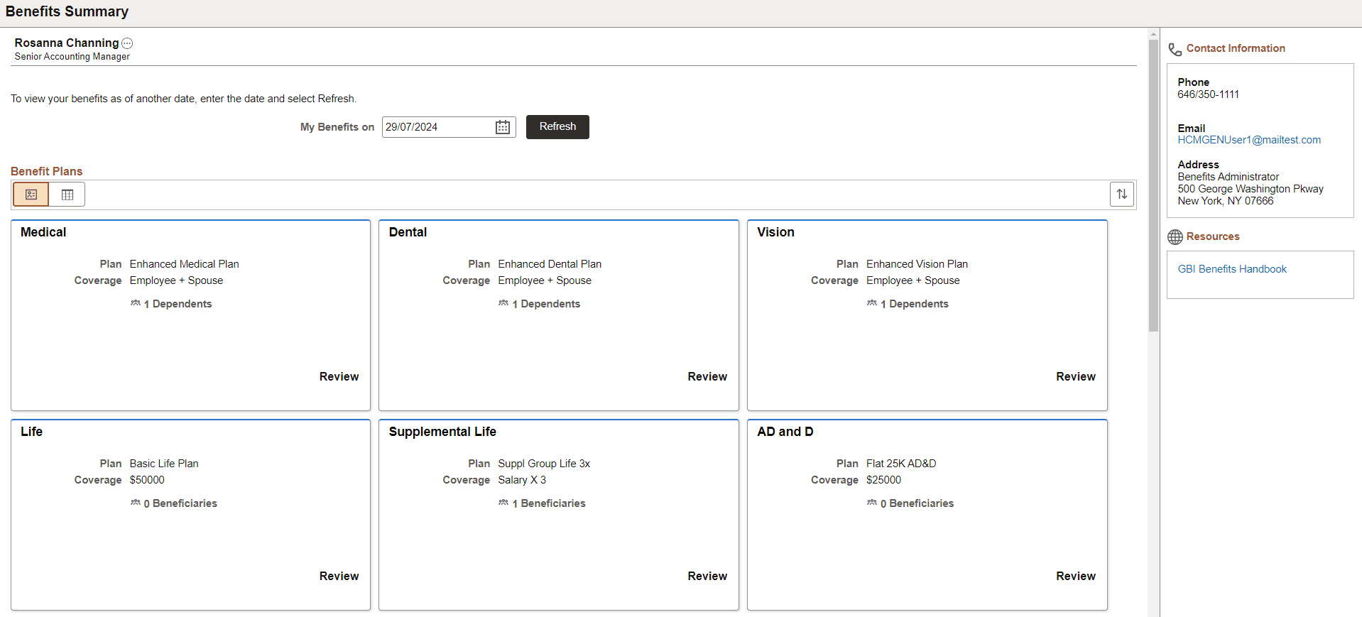 Benefits Summary page (Card View)