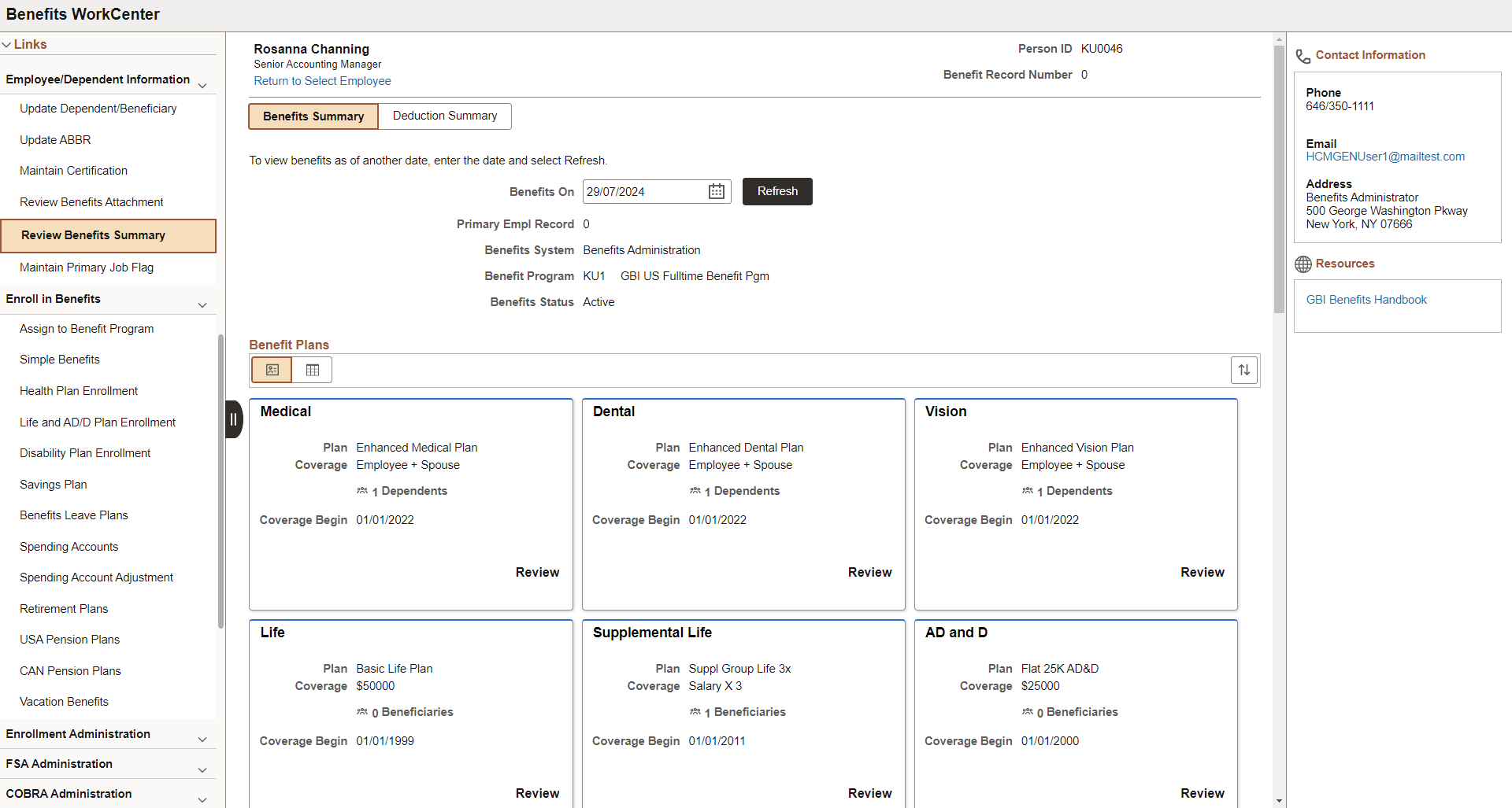 Benefits Summary Page in Benefits WorkCenter