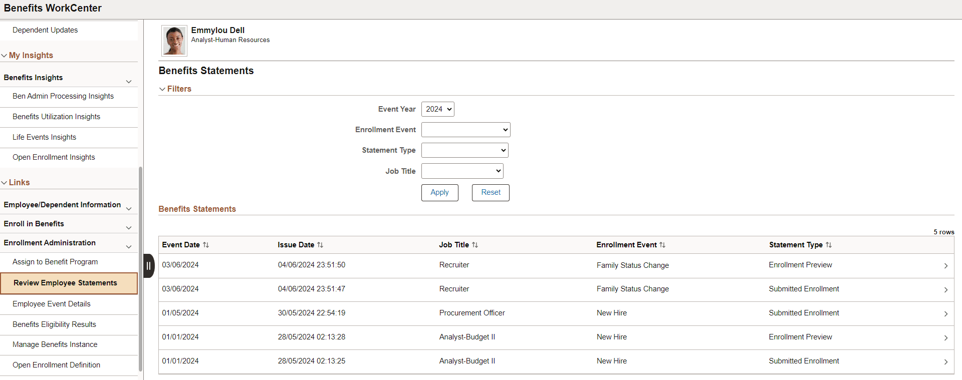 Review Employee Statements page