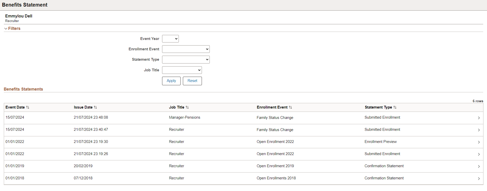Benefits Statement page