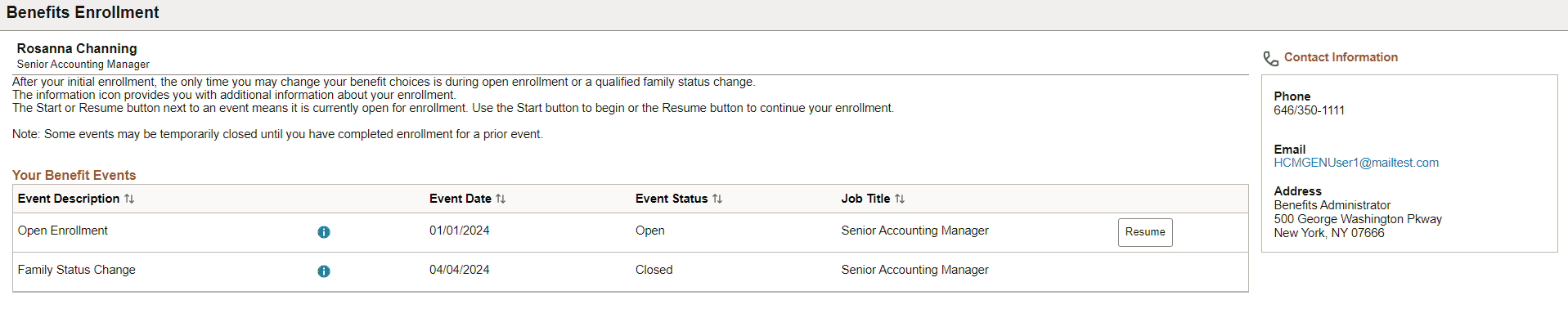 Benefits Enrollment selection page