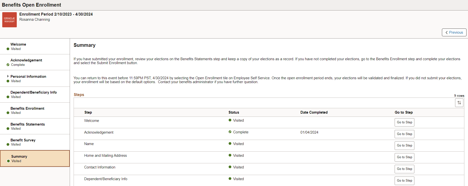 Summary Step of Open Enrollment AG