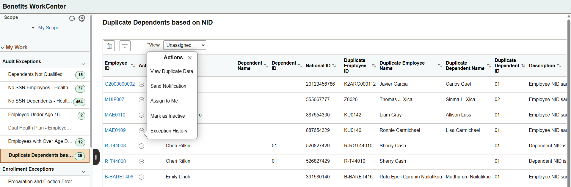 Duplicate Dependents based on NID showing Actions menu