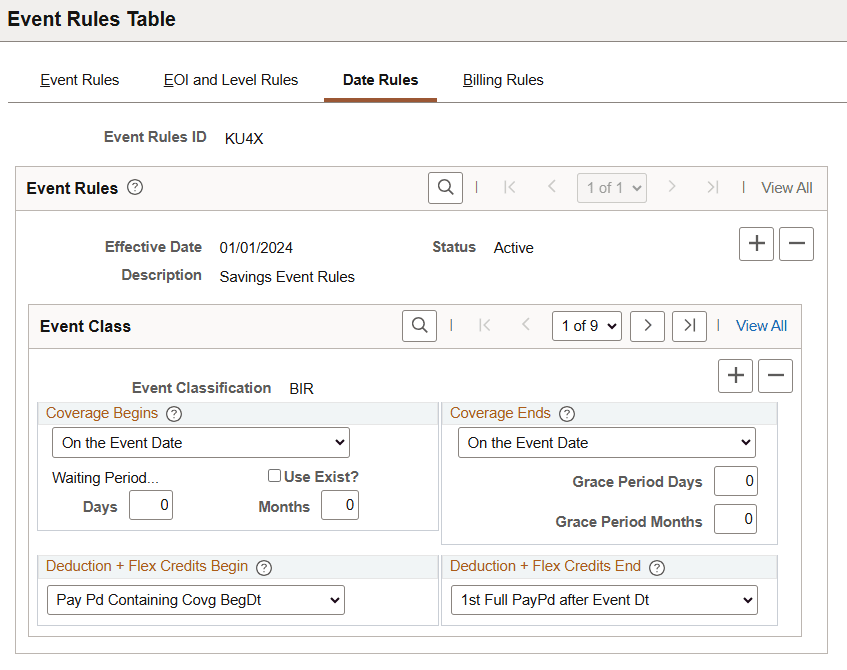 Date Rules page of Event Rules Table