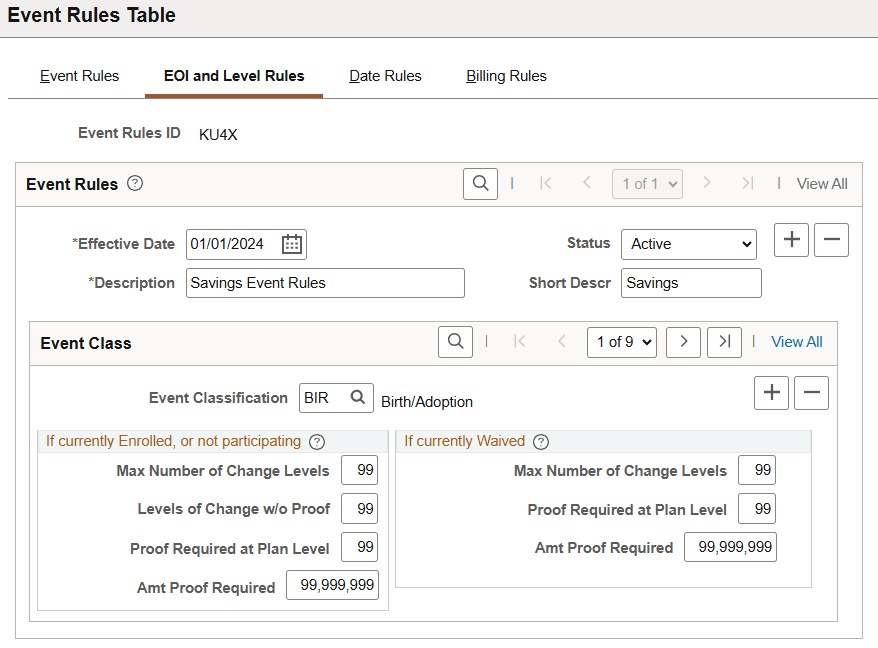 EOI and Level Rules page of Events Rules Table