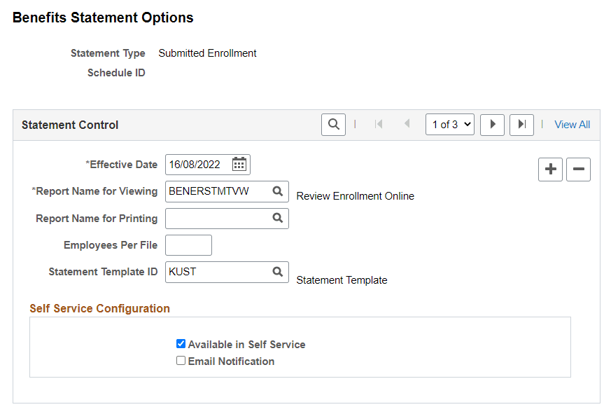 Benefits Statement Options page for Submitted Enrollment