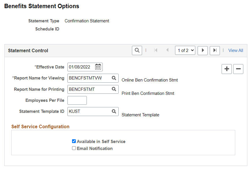 Benefits Statement Options page for Confirmation Statement