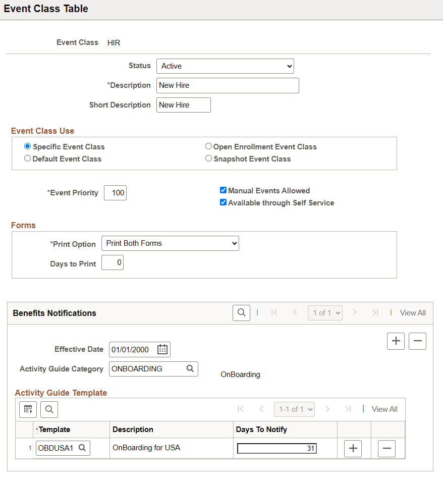 Event Class Table page
