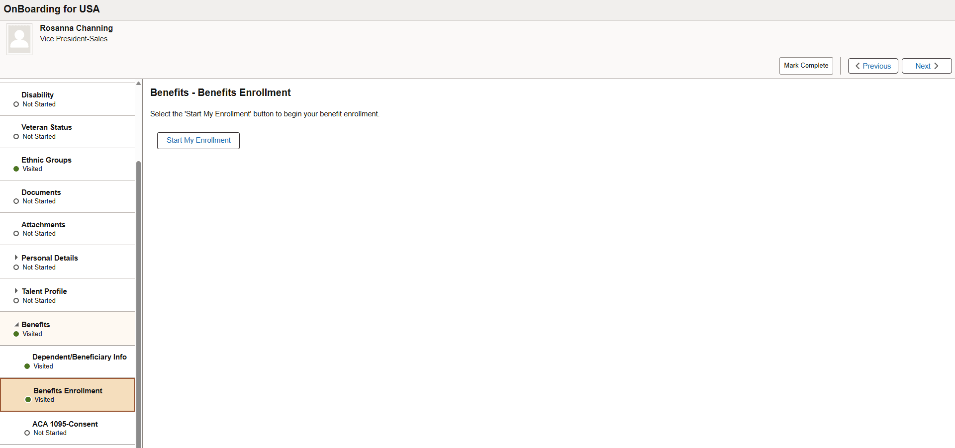 Benefits Enrollment page for preboarding user