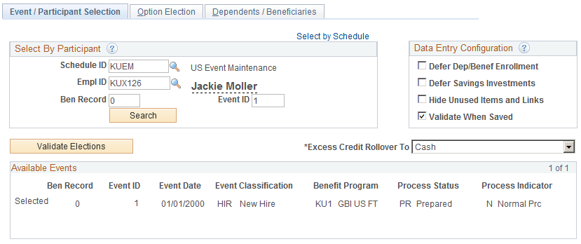 Event/Participant Selection page