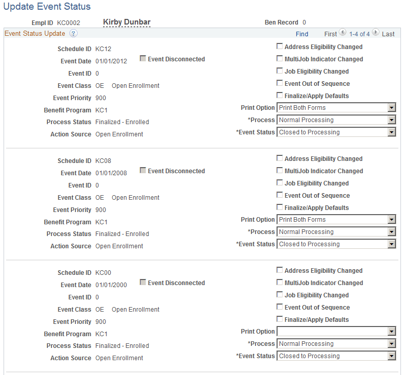 Update Event Status page